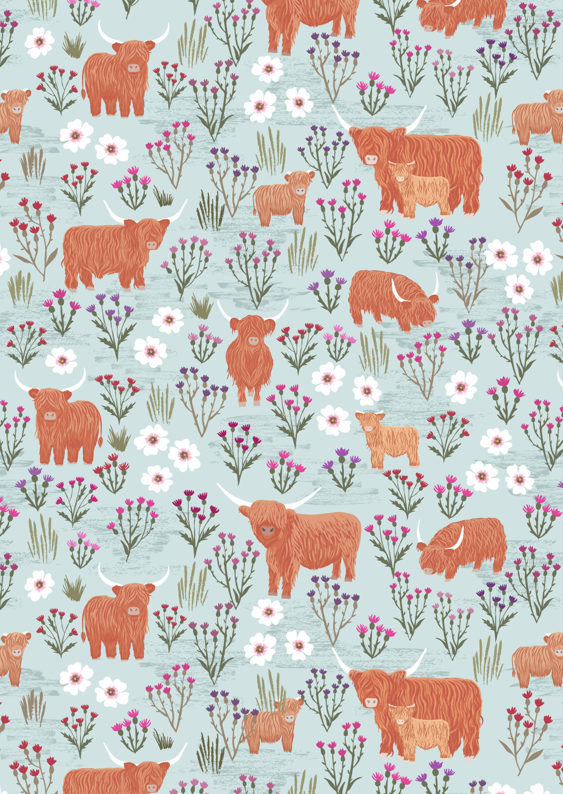 A987B Summer Meadow highland on Breezy Blue Summer Meadow Highland Breezy Blue Fabric