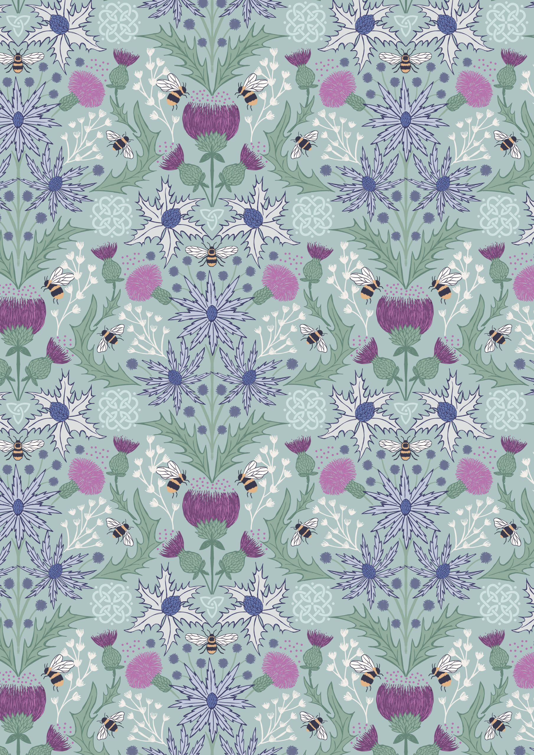 A989B Mirrored Thistle and Bee on Duck Egg A Celtic Summer Thistle & Bee Duck Egg Fabric